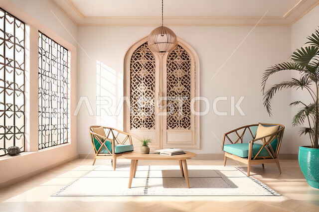 ديكورات داخلية, غرفة معيشة بتصاميم عصرية حديثه، باب خشبي ملون على الطراز العربي الاسلامي, زخارف عربية اسلامية، غرفة جلوس, تصاميم عصرية فاخرة، شقق وفلل سكنية, الفن الهندسي الاسلامي .