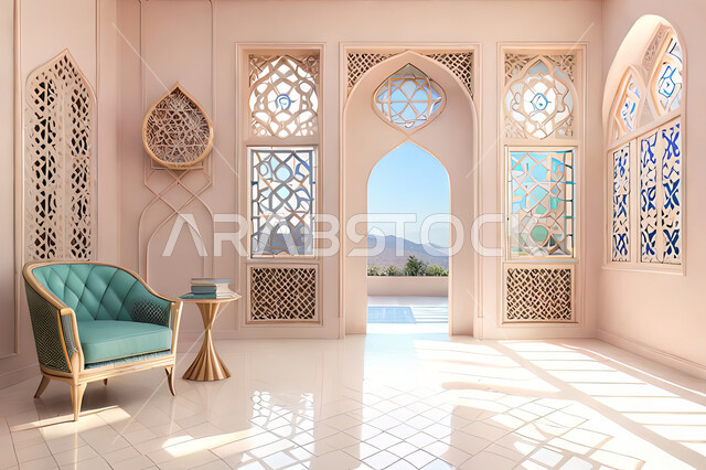 ديكورات داخلية, غرفة معيشة بتصاميم عصرية حديثه، باب خشبي ملون على الطراز العربي الاسلامي, زخارف عربية اسلامية، غرفة جلوس, تصاميم عصرية فاخرة، شقق وفلل سكنية, الفن الهندسي الاسلامي .