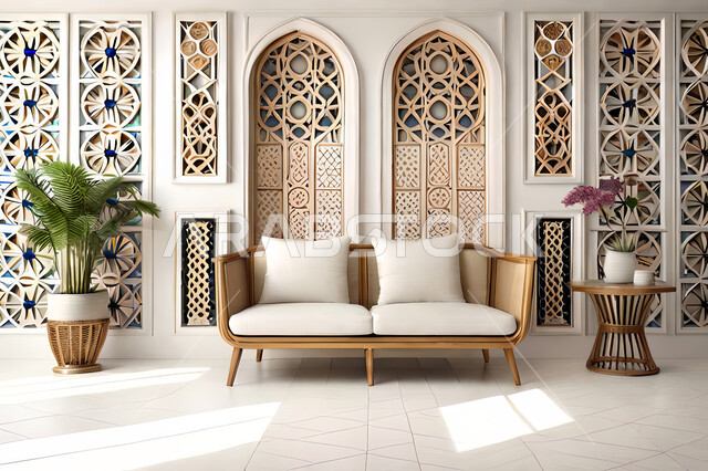 ديكورات داخلية, غرفة معيشة بتصاميم عصرية حديثه، باب خشبي ملون على الطراز العربي الاسلامي, زخارف عربية اسلامية، غرفة جلوس, تصاميم عصرية فاخرة، شقق وفلل سكنية, الفن الهندسي الاسلامي .