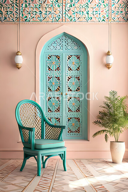 Living room with modern modern designs, luxurious modern designs, colored wooden door in the Arab-Islamic style, Islamic geometric art, Arab-Islamic decorations, interior decorations, living room, apartments and villas.