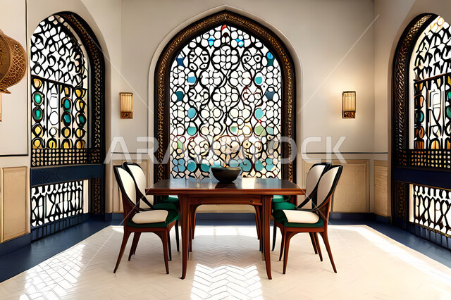 غرفة طعام بتصاميم عصرية حديثه،  تصاميم عصرية فاخرة, باب خشبي ملون على الطراز العربي الاسلامي, الفن الهندسي الاسلامي, زخارف عربية اسلامية, ديكورات داخليه،  شقق وفلل سكنية .