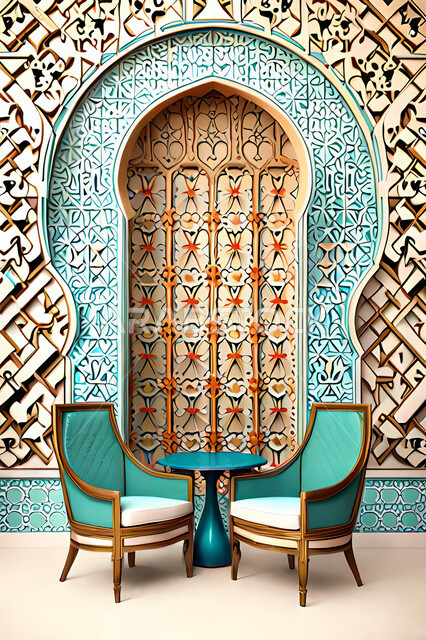 غرفة طعام بتصاميم عصرية حديثه،  تصاميم عصرية فاخرة, باب خشبي ملون على الطراز العربي الاسلامي, الفن الهندسي الاسلامي, زخارف عربية اسلامية, ديكورات داخليه،  شقق وفلل سكنية .