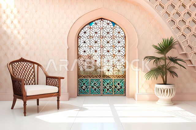Living room with modern modern designs, luxurious modern designs, colored wooden door in the Arab-Islamic style, Islamic geometric art, Arab-Islamic decorations, interior decorations, living room, apartments and villas.