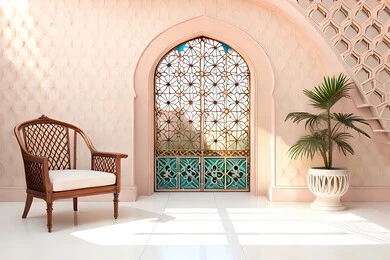 Living room with modern modern designs, luxurious modern designs, colored wooden door in the Arab-Islamic style, Islamic geometric art, Arab-Islamic decorations, interior decorations, living room, apartments and villas.