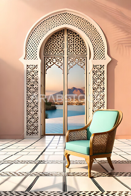 Living room with modern modern designs, luxurious modern designs, colored wooden door in the Arab-Islamic style, Islamic geometric art, Arab-Islamic decorations, interior decorations, living room, apartments and villas.