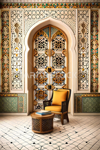 Living room with modern modern designs, luxurious modern designs, colored wooden door in the Arab-Islamic style, Islamic geometric art, Arab-Islamic decorations, interior decorations, living room, apartments and villas.