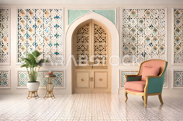 Living room with modern modern designs, luxurious modern designs, colored wooden door in the Arab-Islamic style, Islamic geometric art, Arab-Islamic decorations, interior decorations, living room, apartments and villas.