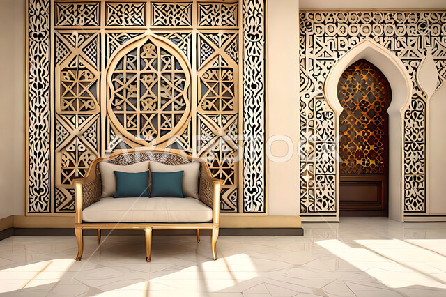 Living room with modern modern designs, luxurious modern designs, colored wooden door in the Arab-Islamic style, Islamic geometric art, Arab-Islamic decorations, interior decorations, living room, apartments and villas.