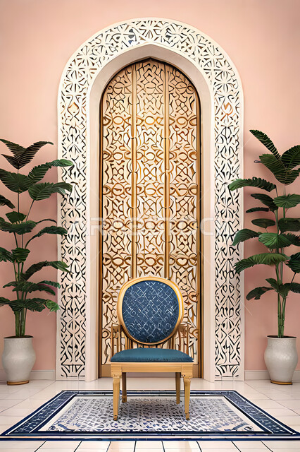 Living room with modern modern designs, luxurious modern designs, colored wooden door in the Arab-Islamic style, Islamic geometric art, Arab-Islamic decorations, interior decorations, living room, apartments and villas.