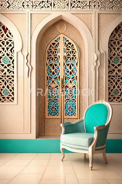 Living room with modern modern designs, luxurious modern designs, colored wooden door in the Arab-Islamic style, Islamic geometric art, Arab-Islamic decorations, interior decorations, living room, apartments and villas.