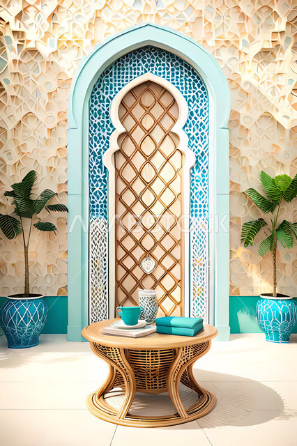 Living room with modern modern designs, luxurious modern designs, colored wooden door in the Arab-Islamic style, Islamic geometric art, Arab-Islamic decorations, interior decorations, living room, apartments and villas.