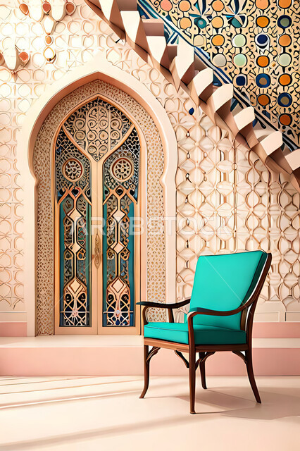 Living room with modern modern designs, luxurious modern designs, colored wooden door in the Arab-Islamic style, Islamic geometric art, Arab-Islamic decorations, interior decorations, living room, apartments and villas.