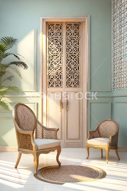 Living room with modern modern designs, luxurious modern designs, colored wooden door in the Arab-Islamic style, Islamic geometric art, Arab-Islamic decorations, interior decorations, living room, apartments and villas.