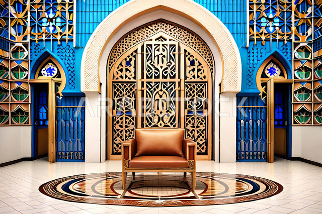 Living room with modern modern designs, luxurious modern designs, colored wooden door in the Arab-Islamic style, Islamic geometric art, Arab-Islamic decorations, interior decorations, living room, apartments and villas.