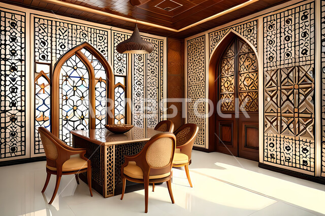 Living room with modern modern designs, luxurious modern designs, colored wooden door in the Arab-Islamic style, Islamic geometric art, Arab-Islamic decorations, interior decorations, living room, apartments and villas.