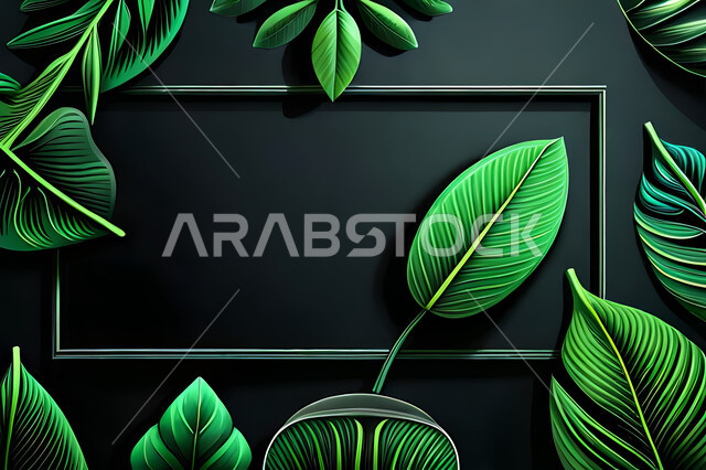 ورق شجر بأشكال متنوعة, خلفية اطار ملون , الأوراق الاستوائية ، خلفية باللون الاخضر ، خلفيات حديثة , خلفيات أوراق الشجر .