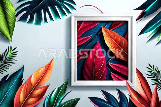خلفيات أوراق الشجر, خلفية اطار خشبي , ورق شجر بأشكال متنوعة, الأوراق الاستوائية ، خلفية باللون الاخضر ، خلفيات حديثة  .
