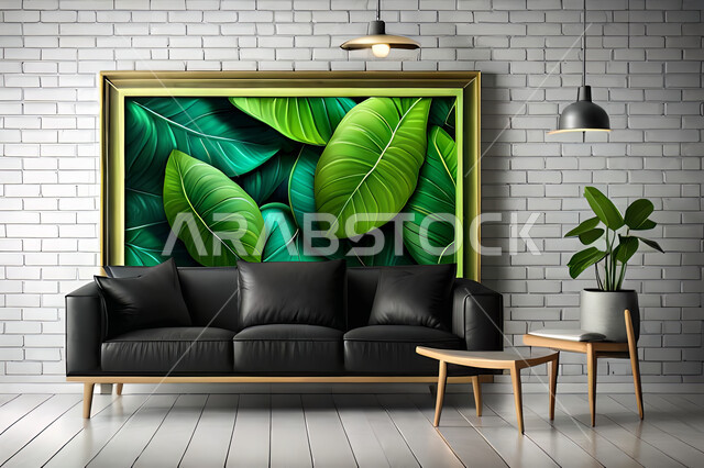 غرفة معيشة بديكورات ورق الشجر, ديكور داخلي, تصاميم ومعلقات, لوحات فنية معلقة, خلفية أوراق الشجر و النباتات.