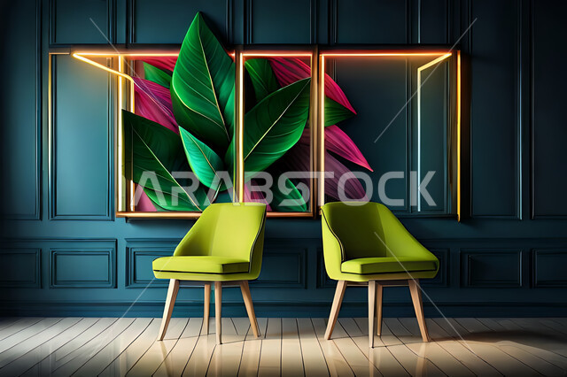 غرفة معيشة بديكورات ورق الشجر, ديكور داخلي, تصاميم ومعلقات, لوحات فنية معلقة, خلفية أوراق الشجر و النباتات.