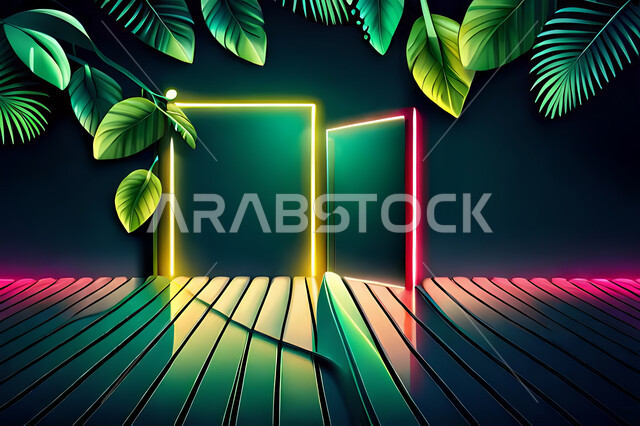 خلفية اطار ملون , الأوراق الاستوائية ، خلفية باللون الاخضر، خلفيات حديثة ، ورق شجر بأشكال مختلفة, خلفيات, أوراق الشجر .