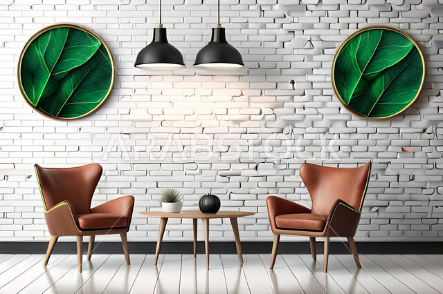 غرفة جلوس بديكورات ورق الشجر, ديكور داخلي, تصاميم ومعلقات, لوحات فنية معلقة, خلفية أوراق الشجر و النباتات.