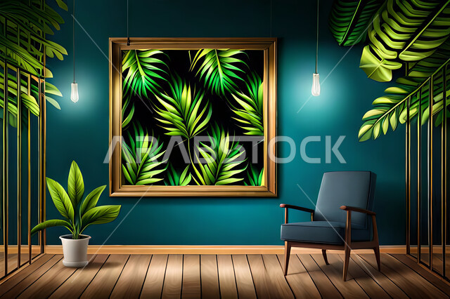 غرفة جلوس بديكورات ورق الشجر, ديكور داخلي, تصاميم ومعلقات, لوحات فنية معلقة, خلفية أوراق الشجر و النباتات.