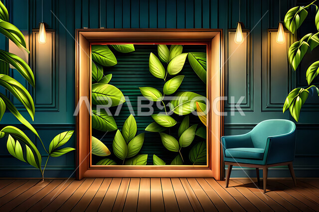 غرفة جلوس بديكورات ورق الشجر, ديكور داخلي, تصاميم ومعلقات, لوحات فنية معلقة, خلفية أوراق الشجر و النباتات.