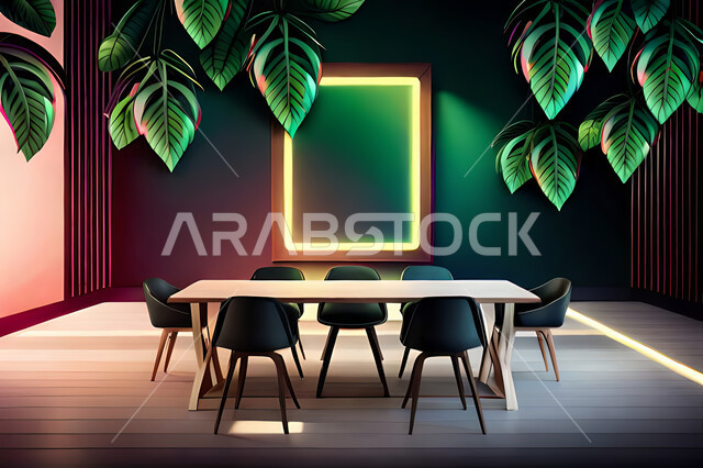 غرفة طعام بديكورات ورق الشجر, ديكور داخلي, تصاميم ومعلقات, لوحات فنية معلقة, خلفية أوراق الشجر و النباتات.