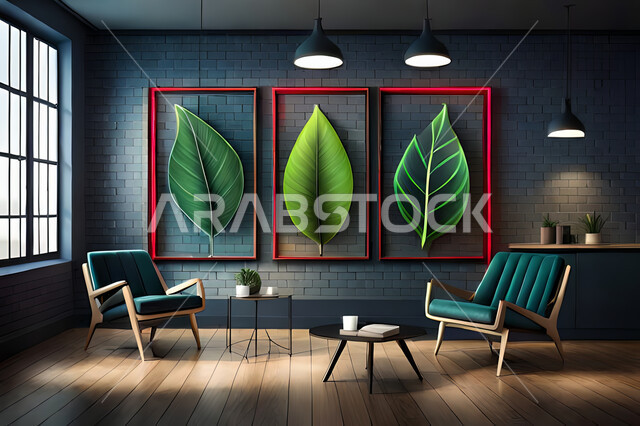 Living room with leafy decorations, interior decor, designs and hangings, hanging art paintings, background of leaves and plants.