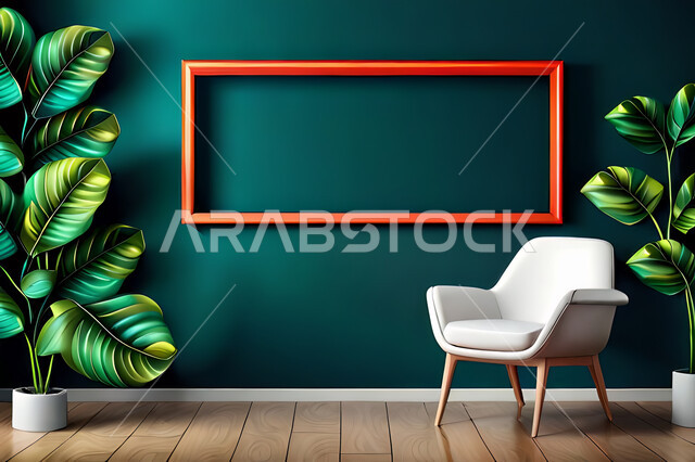 Living room with leafy decorations, interior decor, designs and hangings, hanging art paintings, background of leaves and plants.