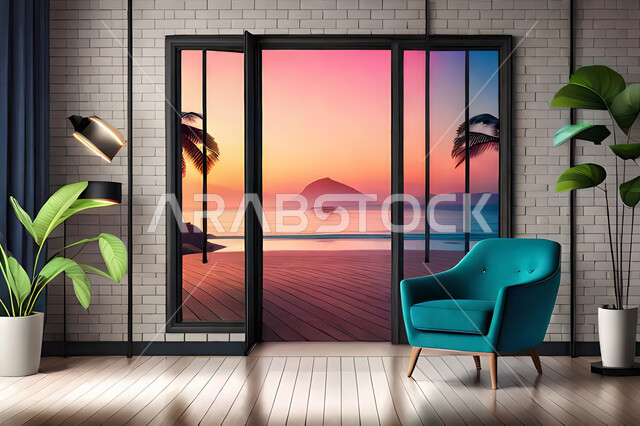 غرفة جلوس بديكورات ورق الشجر, ديكور داخلي, تصاميم ومعلقات, لوحات فنية معلقة, خلفية أوراق الشجر و النباتات.