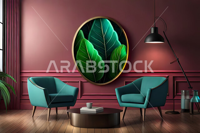 Living room with leafy decorations, interior decor, designs and hangings, hanging art paintings, leafy background.