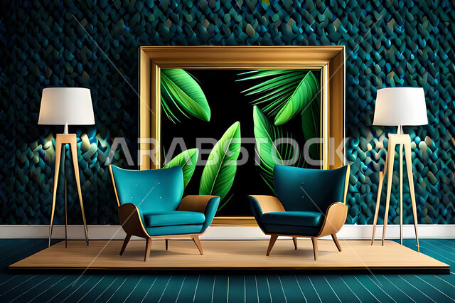 غرفة جلوس بديكورات ورق الشجر, ديكور داخلي, تصاميم ومعلقات, لوحات فنية معلقة, خلفية أوراق الشجر و النباتات.