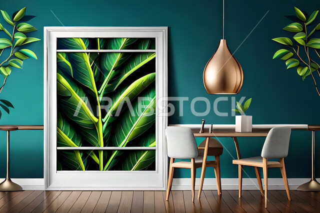غرفة طعام بديكورات ورق الشجر, ديكور داخلي, تصاميم ومعلقات, لوحات فنية معلقة, خلفية أوراق الشجر و النباتات.
