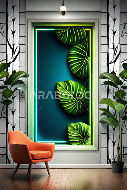 غرفة جلوس بديكورات ورق الشجر, ديكور داخلي, تصاميم ومعلقات, لوحات فنية معلقة, خلفية أوراق الشجر و النباتات.