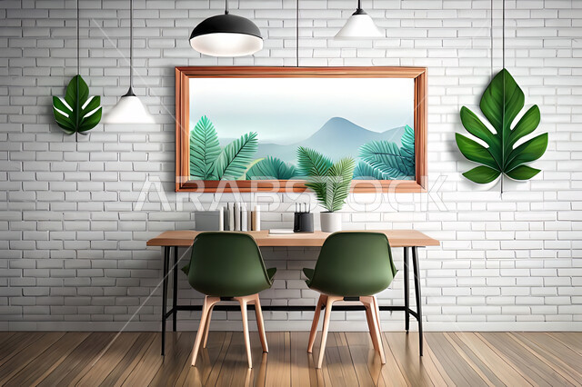 غرفة طعام بديكورات ورق الشجر, ديكور داخلي, تصاميم ومعلقات, لوحات فنية معلقة, خلفية أوراق الشجر و النباتات.