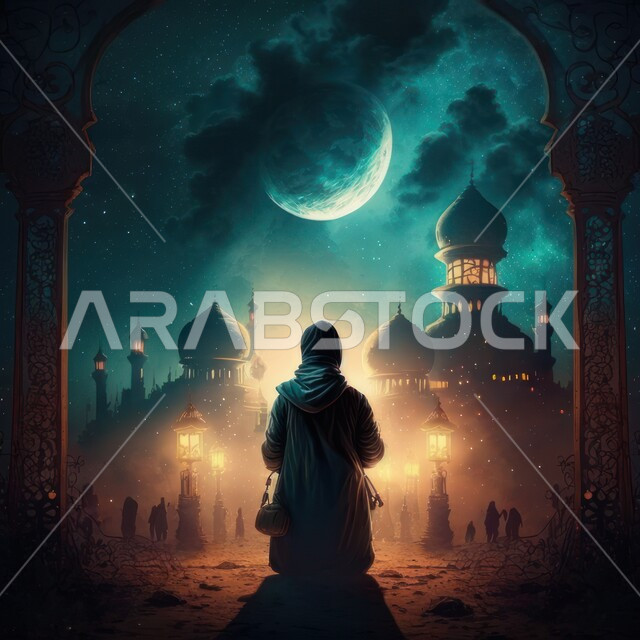  تصميم ثلاثي الابعاد لخلفيه اسلاميه, إمراه عربيه تقف أمام مسجد في وضع الليل, منظر طبيعي للقمر والنجوم في السماء