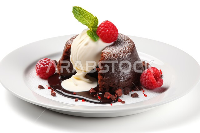 حلا شرقي, كعكة اللافا بالشوكولاتة المزينة بحبات التوت البري وكرات المثلجات على طبق أبيض , حلويات وسكريات, حلوى مخبوزة, خلفية بيضاء .