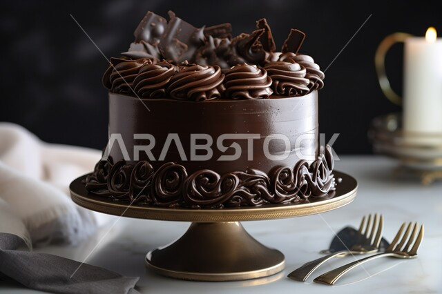 قالب من الكيك المزين بالشكولاتة  , تزيين الكيك بالكريمة وقطع الشوكولا , كيكة هشة غنية بالكريمة , كرم الضيافة , مخبوزات طازجة , خلفية سوداء. 