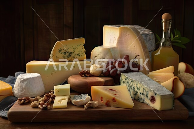 A variety of fresh cheeses on a wooden surface, a large assortment of cheeses, a light and healthy meal, rustic meals, morning breakfast, fresh vegetarian food, black background