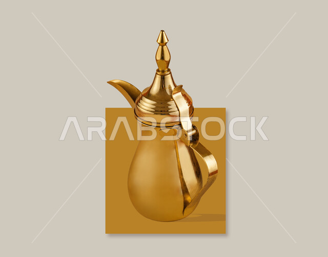 تصاميم ثلاثية الابعاد ، دلة قهوة عربية شرقية نحاسية ،  الضيافة عند العرب، القهوة العربية، دلة قهوة ثري دي ، انتيك قديمة، ابريق ذهبي عتيق، خلفية بيضاء .