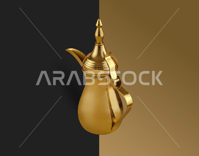 Copper oriental Arabic coffee pot, 3D designs, Arab hospitality, Arabic coffee, 3D coffee pot, old antique, antique golden jug, brown and black background