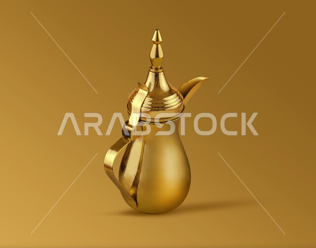 Copper oriental Arabic coffee pot, 3D designs, Arab hospitality, Arabic coffee, 3D coffee pot, old antique, antique golden jug, brown background