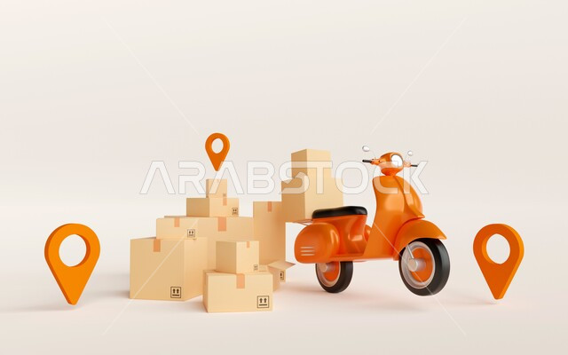 رسم ثلاثي الابعاد لسكوتر بعجلتان ,  توصيل الطلبات والبضائع للزبائن, خلفية واعلان , التسوق الذكي, عملية شحن وتوصيل موثوقه, خدمات الديلفيري , خلفية بيضاء .