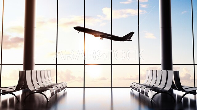 وسائل مواصلا جوية , نافذة كبيرة وكراسي فارغة في قاعة الانتظار في المطار  ، قاعة انتظار المسافرين ، منظر الطائرة وهي تحلق في السماء , خطوط الطيران الجوي , رحلة جوية سياحية ، سياحة وسفر .
