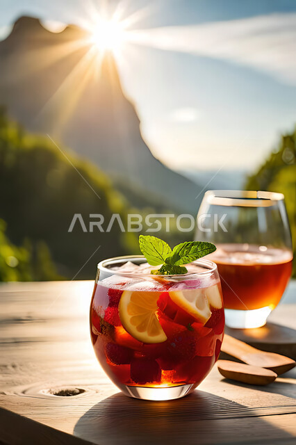 A close-up of mojito juice with fresh fruit pieces, a drink with strawberry and cranberry pieces, cold drinks, delicious natural juices, healthy and useful juice, refreshing and iced summer cocktail, refreshing drinks