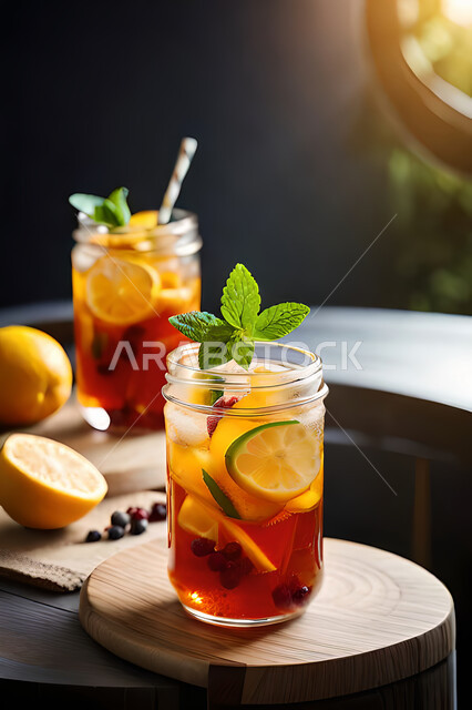 A close-up of mojito juice with fresh fruit pieces, a drink with strawberry and cranberry pieces, cold drinks, delicious natural juices, healthy and useful juice, refreshing and iced summer cocktail, refreshing drinks