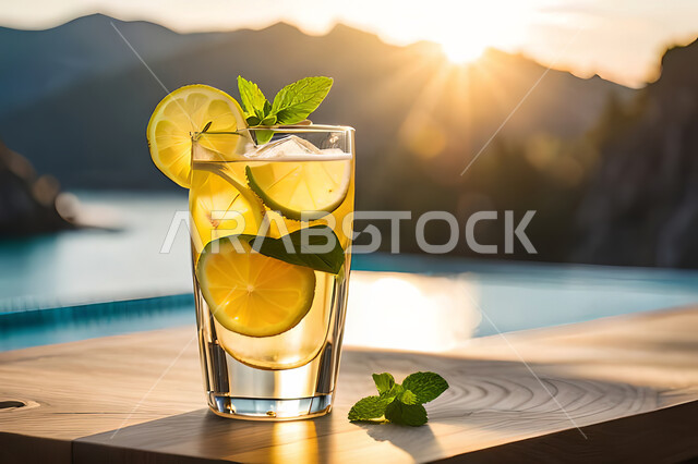 Close-up of mint lemonade, fresh cold drinks, refreshing natural juices, healthy and useful juice, refreshing and iced summer cocktail, lemonade, citrus fruits, nature backgrounds