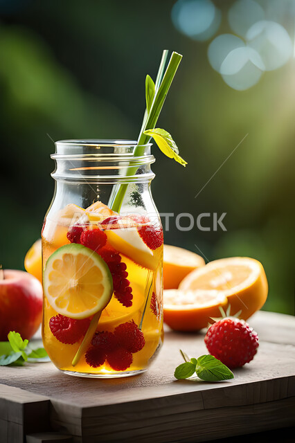 A close-up of mojito juice with fresh fruit pieces, a drink with strawberry and cranberry pieces, cold drinks, delicious natural juices, healthy and useful juice, refreshing and iced summer cocktail, refreshing drinks