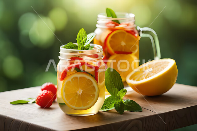 A close-up of mojito juice with fresh fruit pieces, a drink with strawberry and cranberry pieces, cold drinks, delicious natural juices, healthy and useful juice, refreshing and iced summer cocktail, refreshing drinks